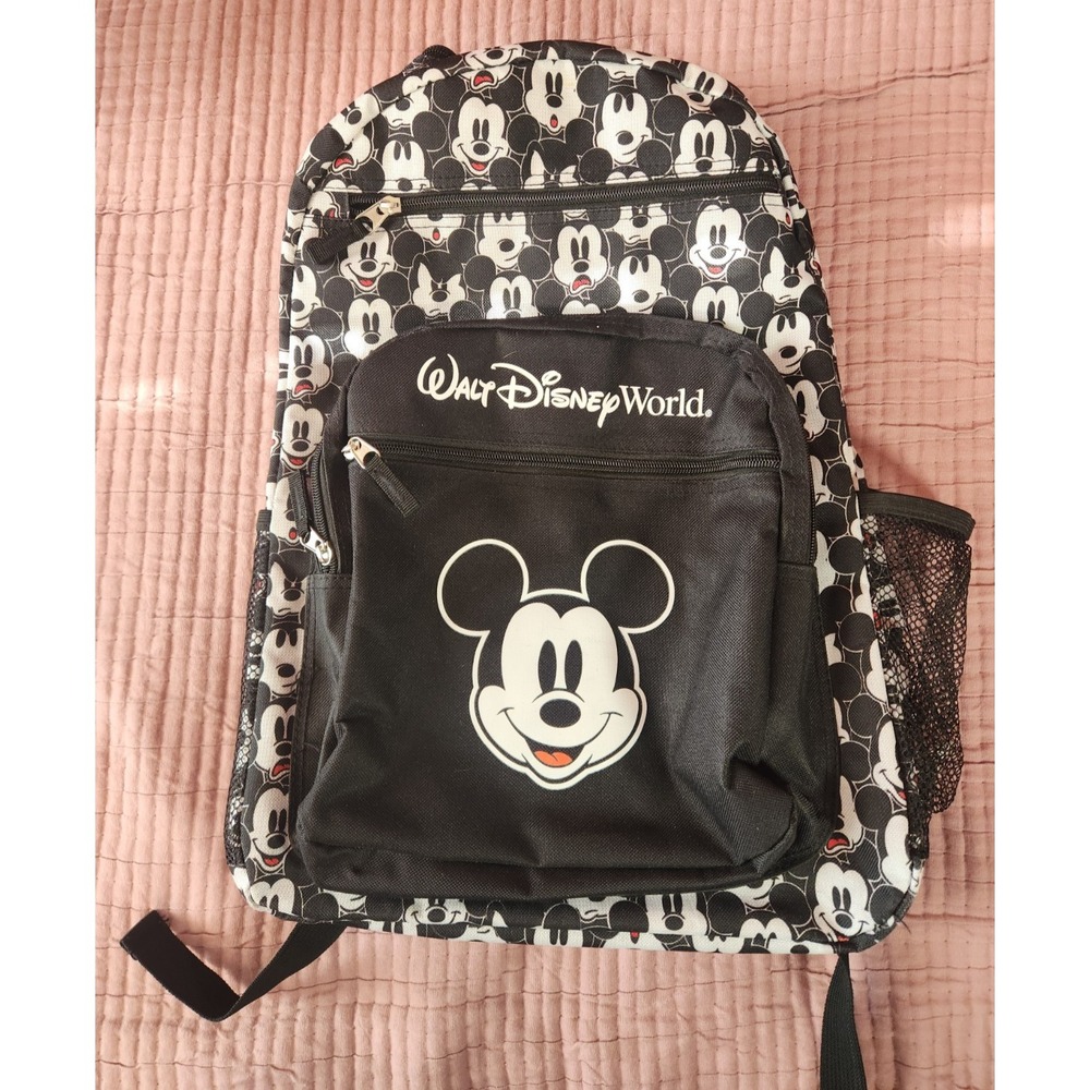 Walt‎ Disney World Mickey Mouse Faces Allover Black White Backpack Zip Close